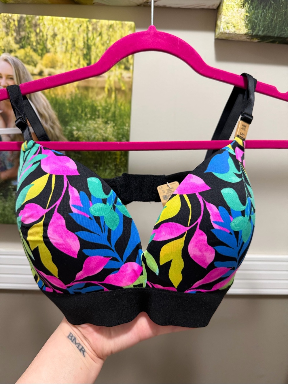 PINK Victoria's Secret Black Bra with Neon Leaf Print